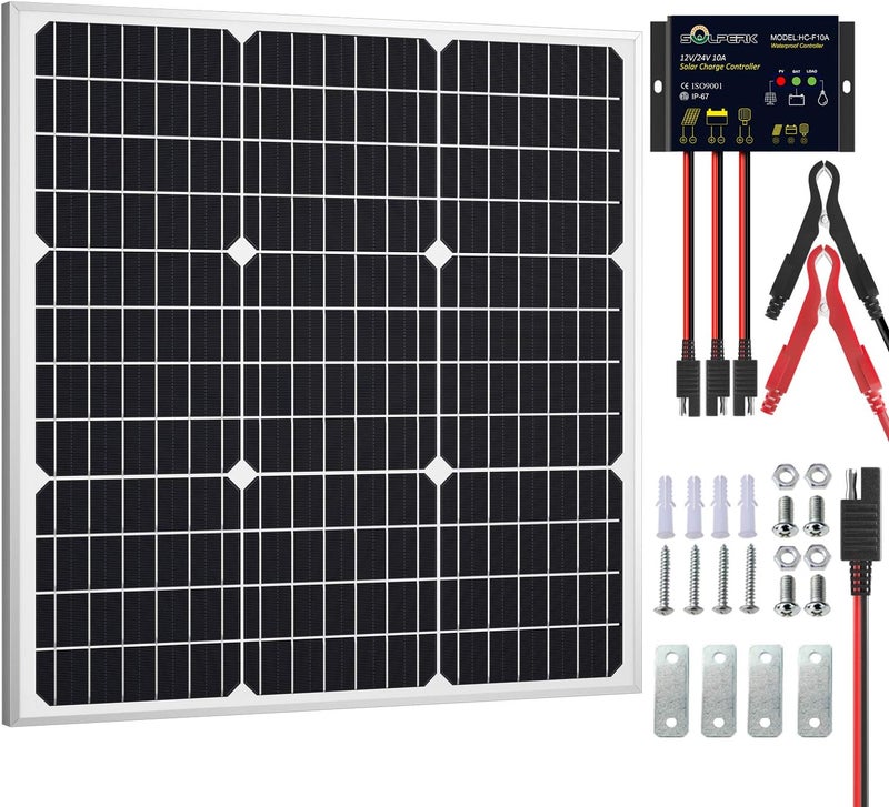 SOLPERK Solar Panel Kit 50W 12V, Solar Battery Trickle Charger Maintainer with Upgrade Waterproof Controller for Boat Car RV Motorcycle Marine Automotive (Without Mounting Bracket) - Image 1