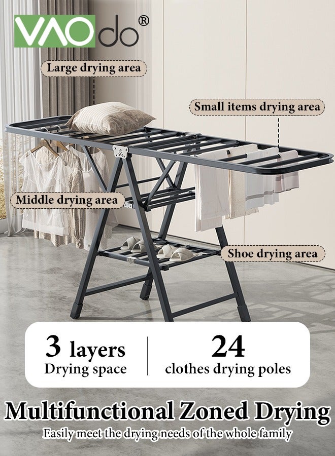 فاو دو رف تجفيف الملابس القابل للطي مع بكرة تعليق قابلة للتعديل وحامل تجفيف ثلاثي الطبقات ورف غسيل قائم على الأرض يتحمل الأحمال الثقيلة - Image 2