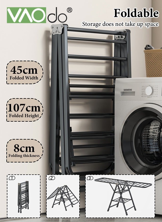 فاو دو رف تجفيف الملابس القابل للطي مع بكرة تعليق قابلة للتعديل وحامل تجفيف ثلاثي الطبقات ورف غسيل قائم على الأرض يتحمل الأحمال الثقيلة - Image 3