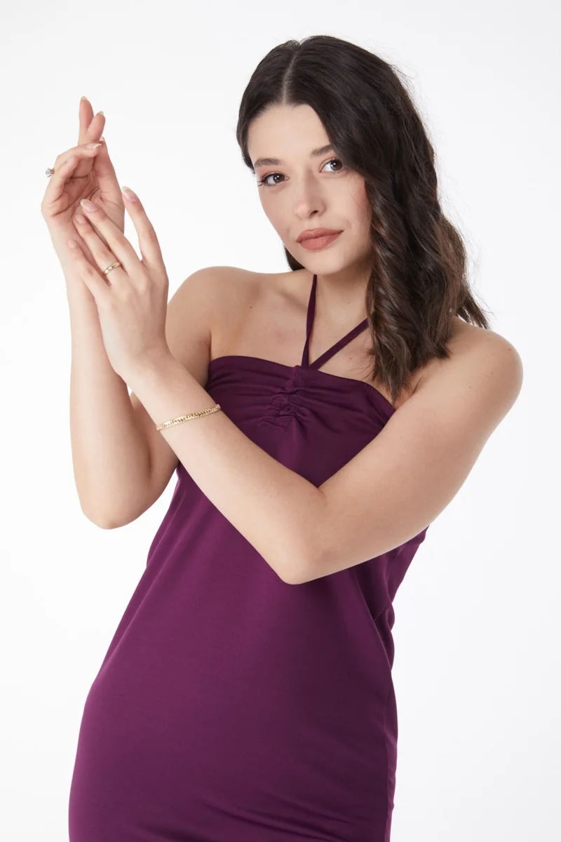 Tofisa Plain Mid Women Purple Lace Detail Evening Dress - 13190