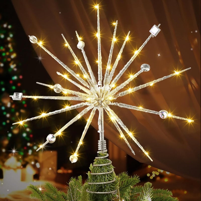 ElectricWise Christmas Tree Topper 15 inch Battery Operated Mid Century Vibe Retro 3D Lighted Starburst Tree Topper Decorations with Crystal and 19 Twinkle Lights(Silver) - Image 1