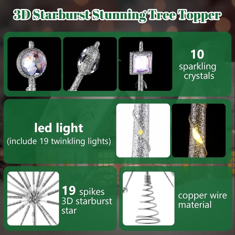 ElectricWise Christmas Tree Topper 15 inch Battery Operated Mid Century Vibe Retro 3D Lighted Starburst Tree Topper Decorations with Crystal and 19 Twinkle Lights(Silver) - Image 4