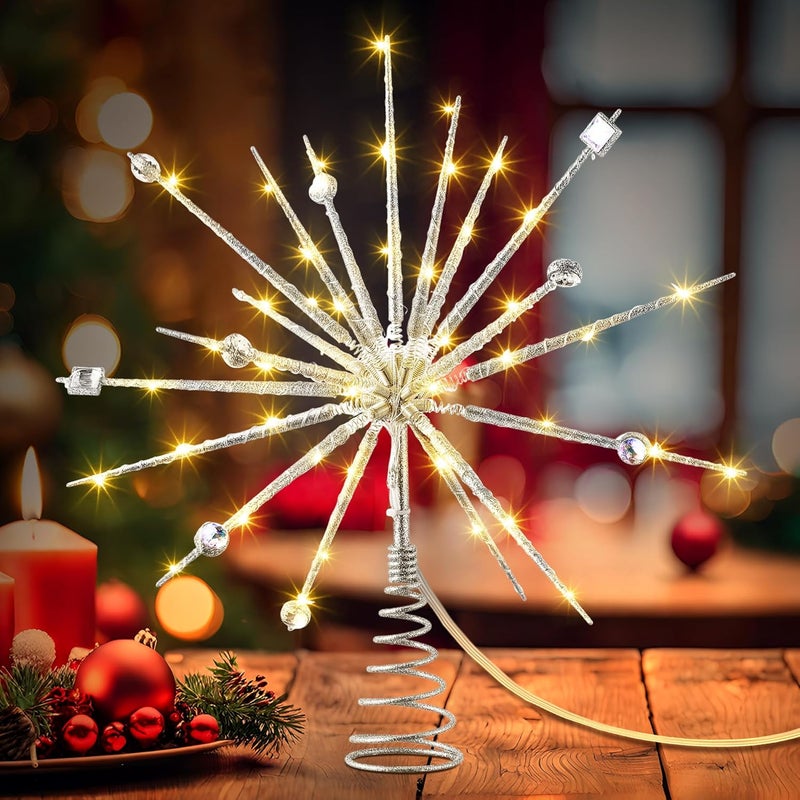 ElectricWise Christmas Tree Topper 15 inch Battery Operated Mid Century Vibe Retro 3D Lighted Starburst Tree Topper Decorations with Crystal and 19 Twinkle Lights(Silver) - Image 5