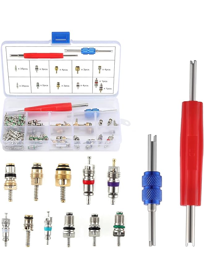 Generic 102Pcs Car Air Conditioner Valve Core R12 R134A Automotive Air Conditioning Refrigeration Tire Valve Stem With Double Head Dual Dismantling Remover Tool Assortment Kit (102Pcs)  - Image 1