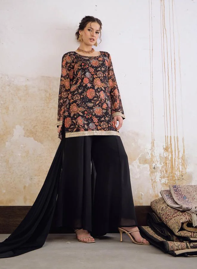 SASSAFRAS SASSAFRAS Black Floral Short Kurta with Solid Palazzo Pants and Dupatta Set
