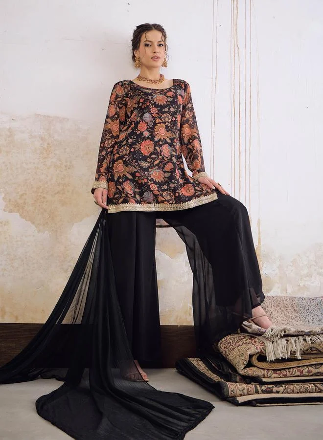 SASSAFRAS SASSAFRAS Black Floral Short Kurta with Solid Palazzo Pants and Dupatta Set
