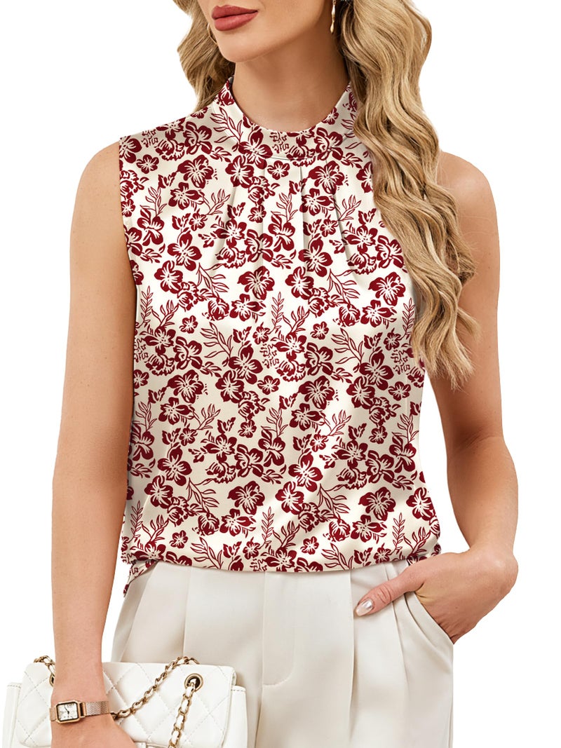 Funlingo Silk Satin Tank Tops for Women Sleeveless Floral Camisole Blouse Dressy Casual Work Shirt Summer Business Casual Outfits Beige Red S - Image 1