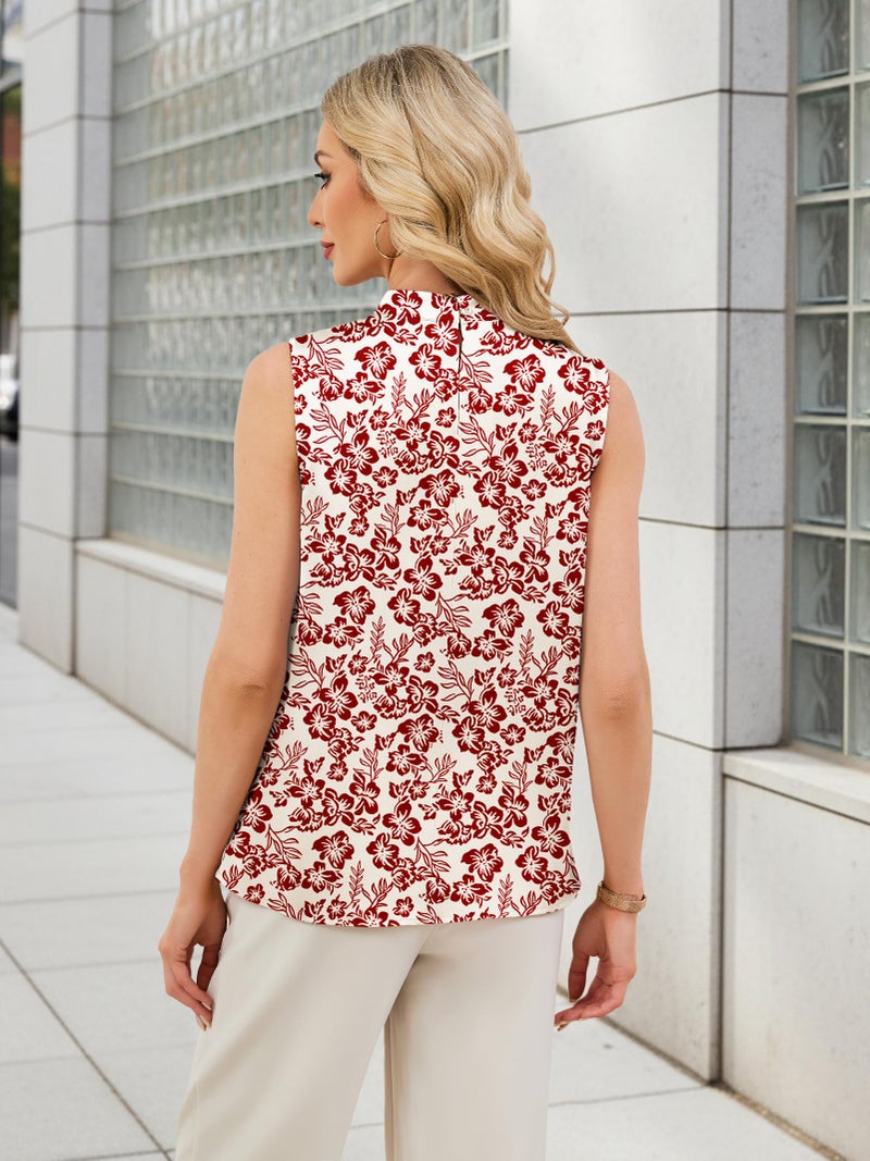Funlingo Silk Satin Tank Tops for Women Sleeveless Floral Camisole Blouse Dressy Casual Work Shirt Summer Business Casual Outfits Beige Red S - Image 4