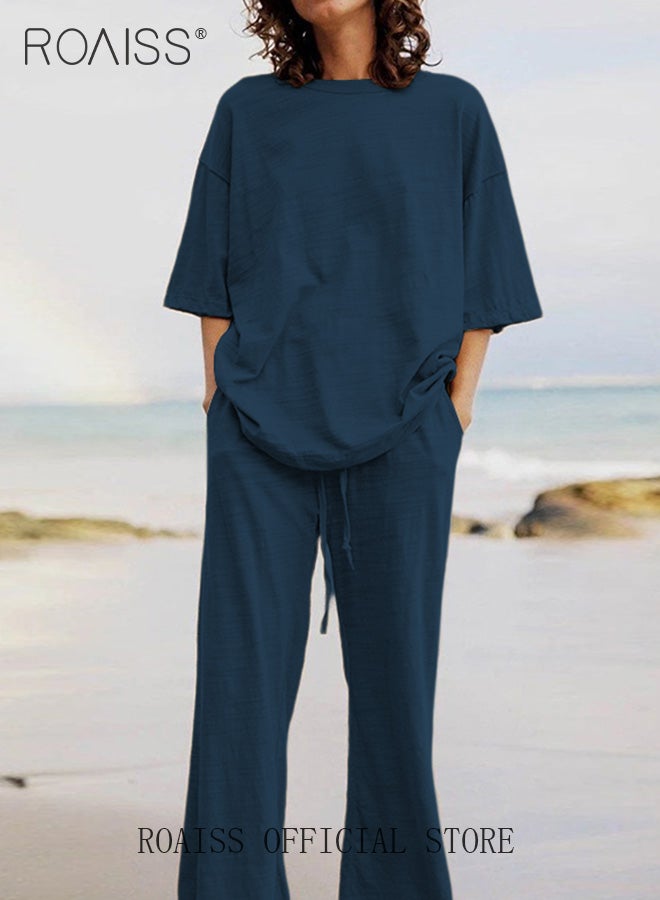 رويس السيدات ملابس 2 قطعة من القطن الكتان المريحة والأنيقة - قميص قصير الأكمام وبنطال واسع الساقين مع حزام للاستخدام اليومي والترفيه، بتصميم فضفاض بسيط. - Image 1
