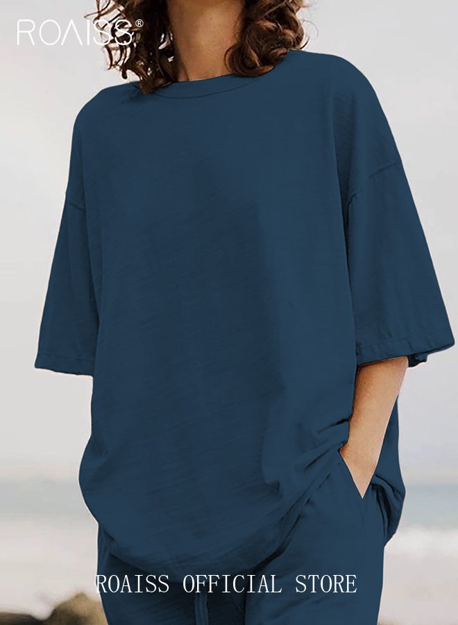 رويس السيدات ملابس 2 قطعة من القطن الكتان المريحة والأنيقة - قميص قصير الأكمام وبنطال واسع الساقين مع حزام للاستخدام اليومي والترفيه، بتصميم فضفاض بسيط. - Image 2