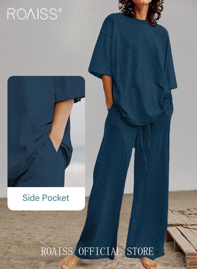 رويس السيدات ملابس 2 قطعة من القطن الكتان المريحة والأنيقة - قميص قصير الأكمام وبنطال واسع الساقين مع حزام للاستخدام اليومي والترفيه، بتصميم فضفاض بسيط. - Image 3