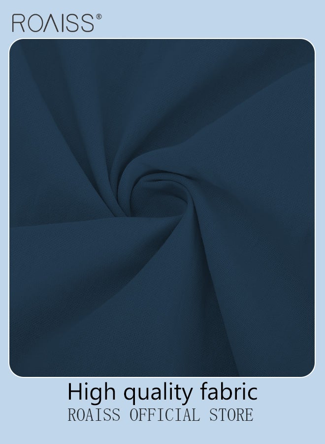 رويس السيدات ملابس 2 قطعة من القطن الكتان المريحة والأنيقة - قميص قصير الأكمام وبنطال واسع الساقين مع حزام للاستخدام اليومي والترفيه، بتصميم فضفاض بسيط. - Image 5