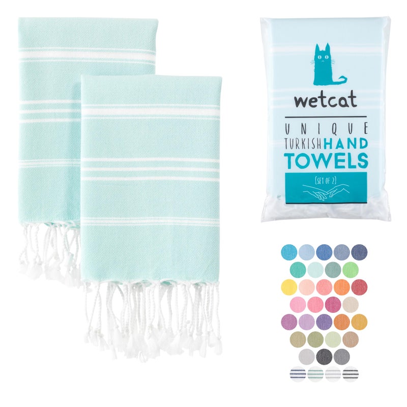 WETCAT Turkish Hand Towels with Hanging Loop Set of 2 20 x 30 100 Turkish Cotton PreWashed Quick Drying for Kitchen or Bathroom  Light Blue