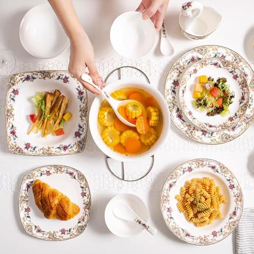 ACMLIFE Bone China Dinnerware Set for 4, 12-Piece Vintage Floral Dinnerware Set, Kitchen Plates and Bowls Set, Christmas Gifts for Women (White) - Image 2