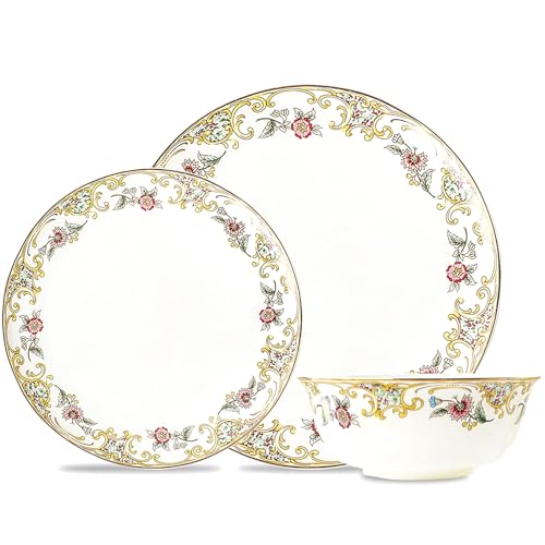ACMLIFE Bone China Dinnerware Set for 4, 12-Piece Vintage Floral Dinnerware Set, Kitchen Plates and Bowls Set, Christmas Gifts for Women (White) - Image 1