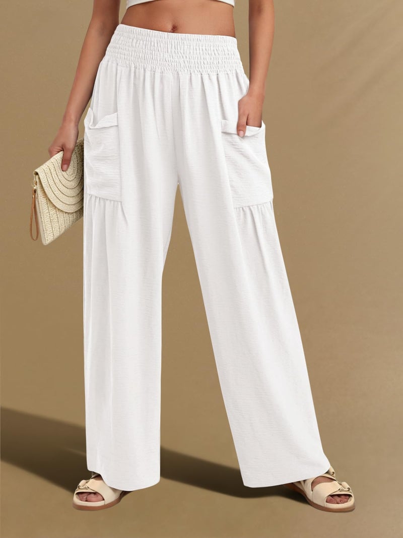 NIMIN Women Palazzo Pants Wide Leg High Waisted Pants White 2026 Summer Flowy Beach Vacation Travel Outfits with Pockets - Image 3