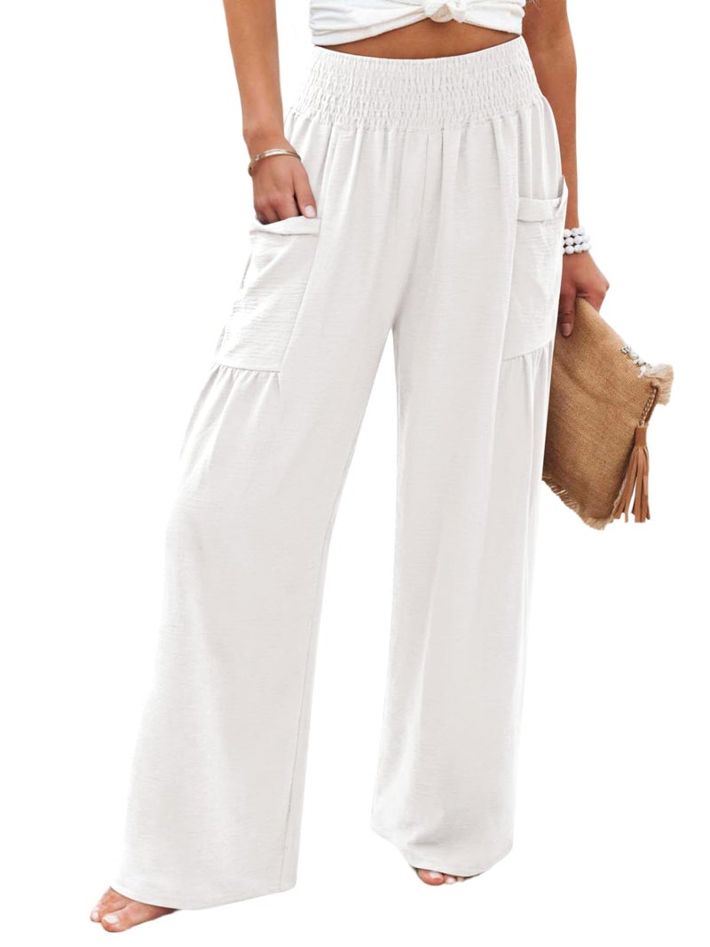 NIMIN Women Palazzo Pants Wide Leg High Waisted Pants White 2026 Summer Flowy Beach Vacation Travel Outfits with Pockets - Image 1