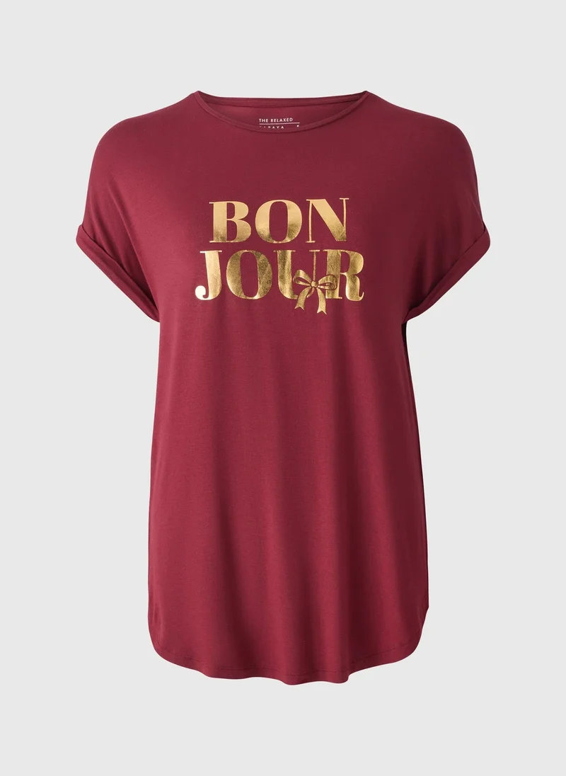 ماتلان Burgundy Bonjour Longline T-Shirt