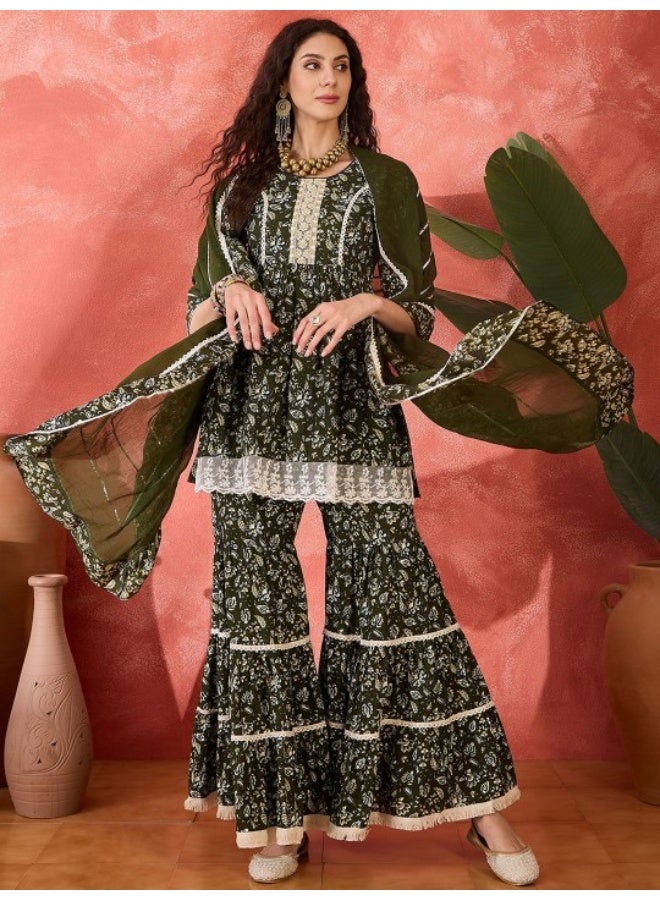 AKS Olive Green Kurta Sharara Set With Lace Details  - Image 1