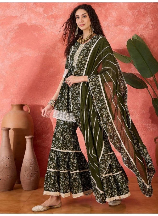 AKS Olive Green Kurta Sharara Set With Lace Details  - Image 4