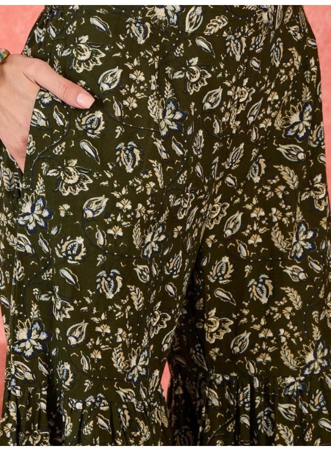 AKS Olive Green Kurta Sharara Set With Lace Details  - Image 3