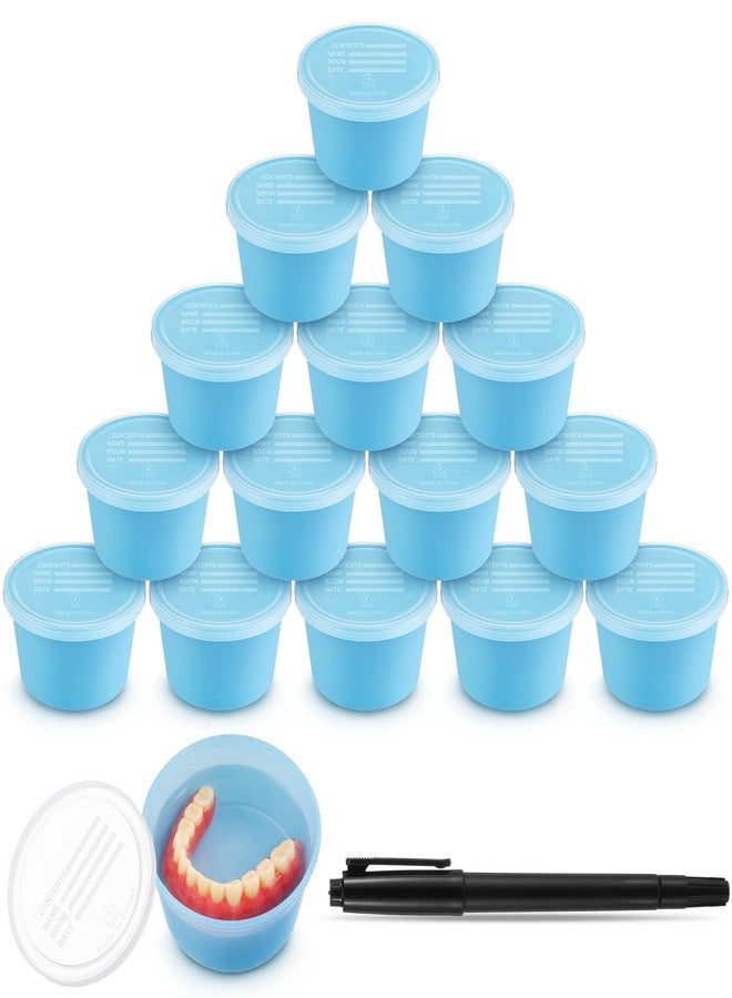 Ferrochef 50 Pack Denture Cup with Lid 8 Ounce Denture Bath Cases False Teeth Bath Container Cup with Marker Pen Teal Teeth Holder Box for Soaking Women Men Travel Nursing Home Hospital - Image 1