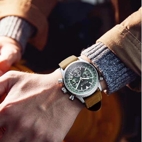 FEICE Men's Waterproof Chronograph Quartz Watch – Luxury Green Dial, Luminous Hands, 24-Hour Display, Date Calendar, Leather Strap Watches for Men - Image 3