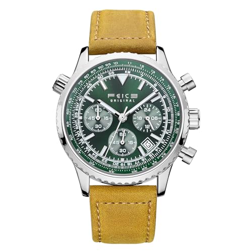 FEICE Men's Waterproof Chronograph Quartz Watch – Luxury Green Dial, Luminous Hands, 24-Hour Display, Date Calendar, Leather Strap Watches for Men - Image 1