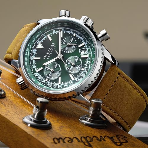 FEICE Men's Waterproof Chronograph Quartz Watch – Luxury Green Dial, Luminous Hands, 24-Hour Display, Date Calendar, Leather Strap Watches for Men - Image 2