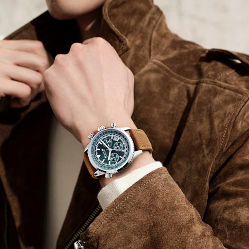 FEICE Men's Waterproof Chronograph Quartz Watch – Luxury Green Dial, Luminous Hands, 24-Hour Display, Date Calendar, Leather Strap Watches for Men - Image 4