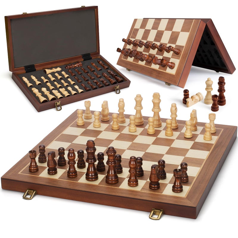 Jumlys Magnetic Wooden Chess Set 15 Folding Chess Board with 2 Extra Queens Portable Travel Chess Set with Pieces Storage Slots Beginner Chess Board Game for Adults  Kids - Image 3