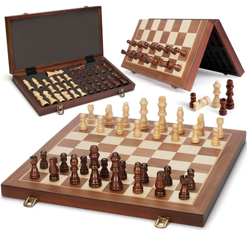 Jumlys Magnetic Wooden Chess Set 15 Folding Chess Board with 2 Extra Queens Portable Travel Chess Set with Pieces Storage Slots Beginner Chess Board Game for Adults  Kids - Image 1