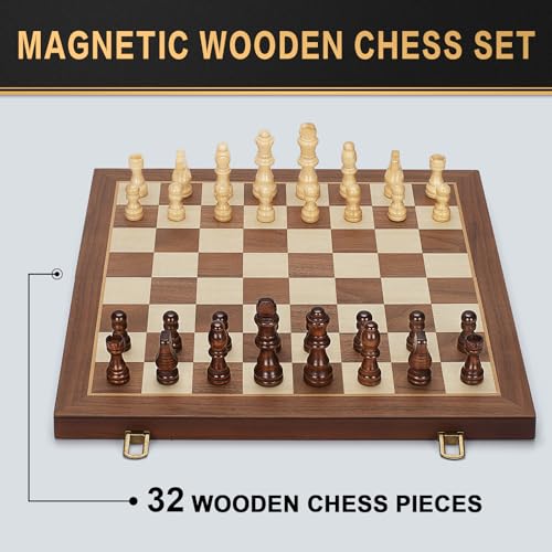 Jumlys Magnetic Wooden Chess Set 15 Folding Chess Board with 2 Extra Queens Portable Travel Chess Set with Pieces Storage Slots Beginner Chess Board Game for Adults  Kids - Image 5