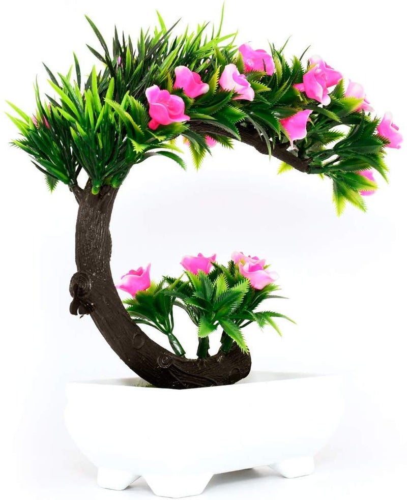 Bellveen Mini Artificial Pink Roses Bonsai Flowers with Pot and Bonsai with Green Tree Original Feeling Romantic Rose for Home Decoration