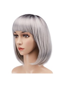 AGPtek Gptek 13 Inches Straight Heat Resistant Short Bob Hair Wigs With Flat Bangs For Women Cosplay Daily Party Grey  - Image 2