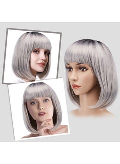 AGPtek Gptek 13 Inches Straight Heat Resistant Short Bob Hair Wigs With Flat Bangs For Women Cosplay Daily Party Grey  - Image 4