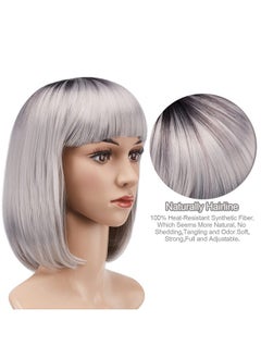AGPtek Gptek 13 Inches Straight Heat Resistant Short Bob Hair Wigs With Flat Bangs For Women Cosplay Daily Party Grey  - Image 3