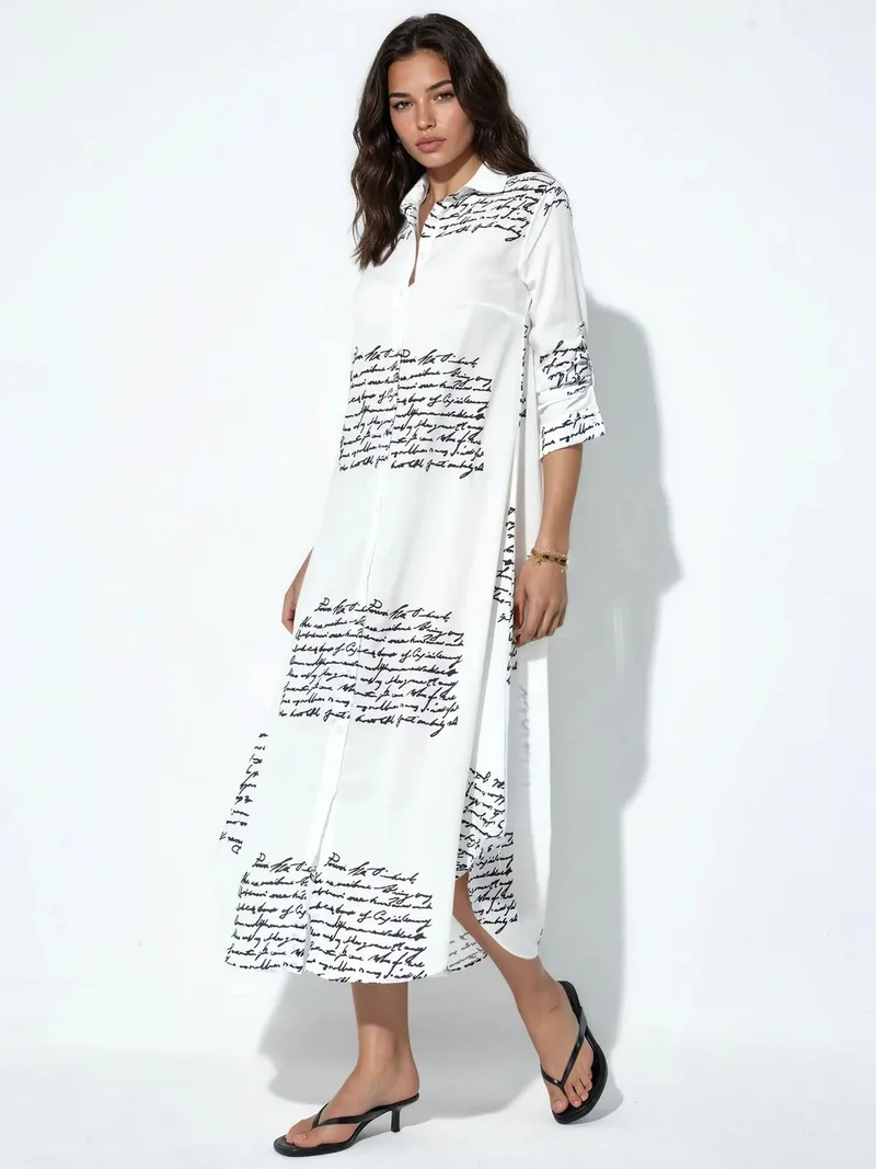 جينيفر Text Print Maxi Shirt Dress