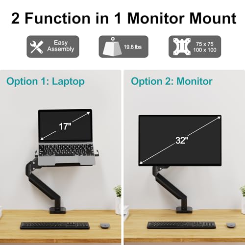 MOUNT PRO Laptop Arm Mount for Desk, 2 in 1 Function Monitor Laptop Stand, Fits Max 17" Notebook and 32" Computer Screen, Aluminum Single Monitor Holder with Adjustable Tray, Holds up to 19.8lbs - Image 2