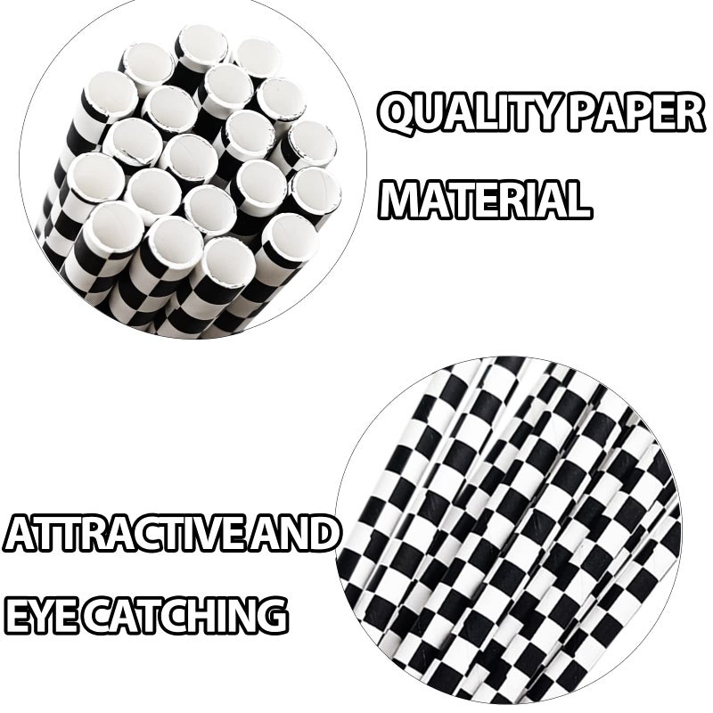 EaciTown 50 Pcs Checkered Flag Paper Straws Racing Car Straws Black and White Checkered Drinking Straws for Racing Birthday Party Decorations  Standard  Black/White - Image 2