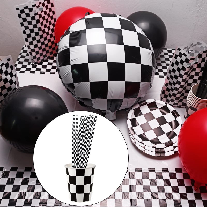 EaciTown 50 Pcs Checkered Flag Paper Straws Racing Car Straws Black and White Checkered Drinking Straws for Racing Birthday Party Decorations  Standard  Black/White - Image 3