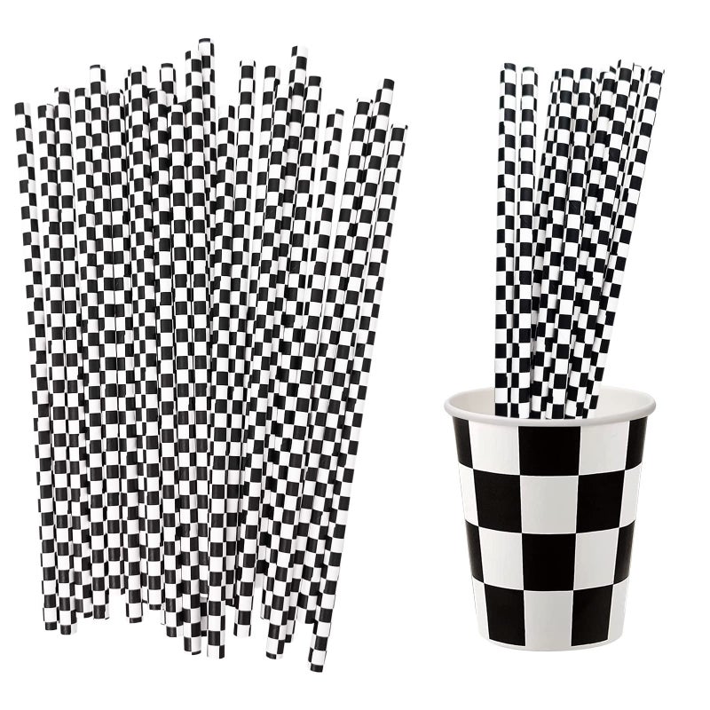 EaciTown 50 Pcs Checkered Flag Paper Straws Racing Car Straws Black and White Checkered Drinking Straws for Racing Birthday Party Decorations  Standard  Black/White - Image 1