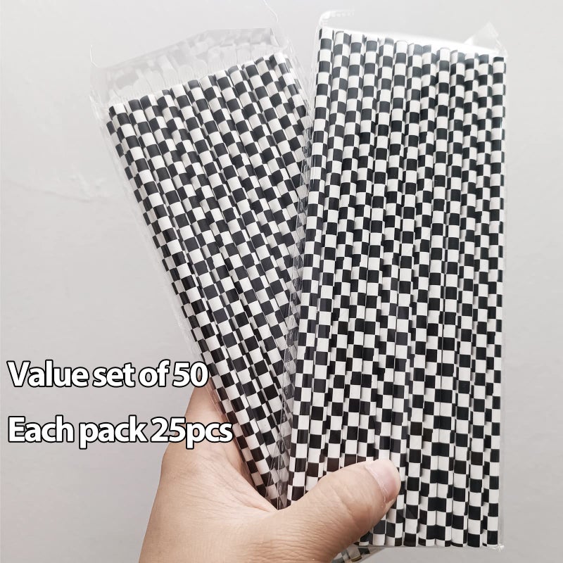 EaciTown 50 Pcs Checkered Flag Paper Straws Racing Car Straws Black and White Checkered Drinking Straws for Racing Birthday Party Decorations  Standard  Black/White - Image 4