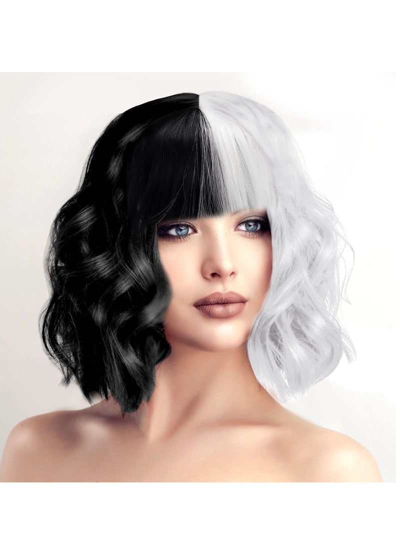 NIBEMINENT Wavy Wig, Black and White Bicolor, Short Curly Hair, Cos Witch Cruella Cruella, Suitable for Carnival Parties Cosplay Party Costume Accessories - Image 2