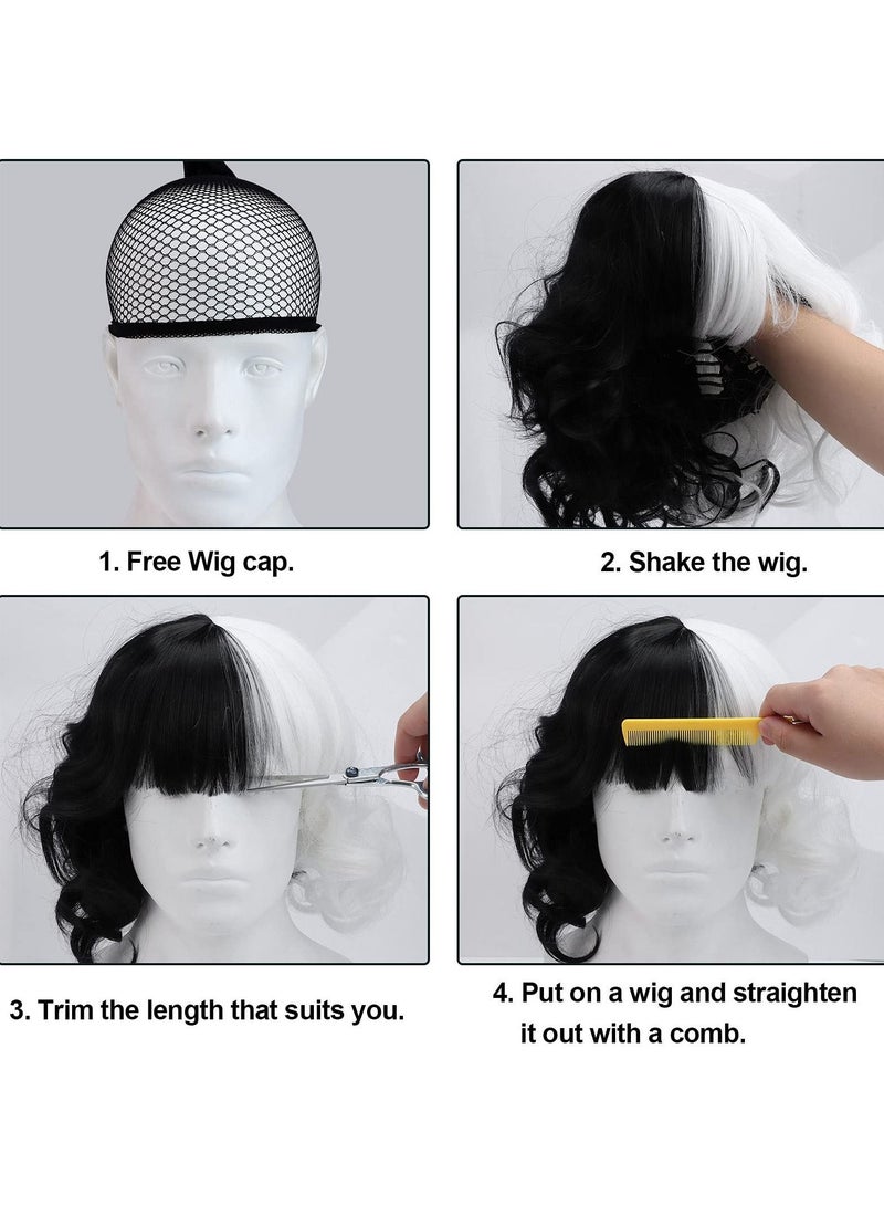 NIBEMINENT Wavy Wig, Black and White Bicolor, Short Curly Hair, Cos Witch Cruella Cruella, Suitable for Carnival Parties Cosplay Party Costume Accessories - Image 5
