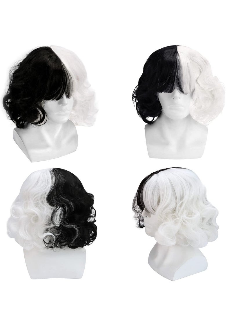 NIBEMINENT Wavy Wig, Black and White Bicolor, Short Curly Hair, Cos Witch Cruella Cruella, Suitable for Carnival Parties Cosplay Party Costume Accessories - Image 3