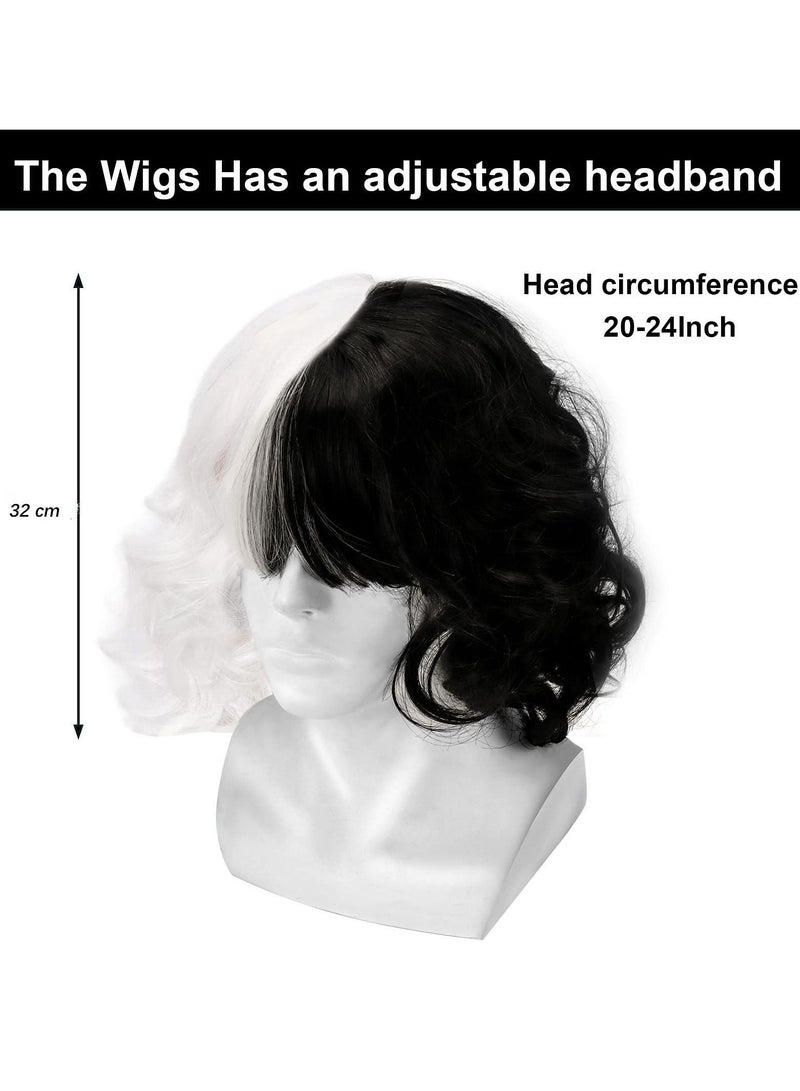 NIBEMINENT Wavy Wig, Black and White Bicolor, Short Curly Hair, Cos Witch Cruella Cruella, Suitable for Carnival Parties Cosplay Party Costume Accessories - Image 4