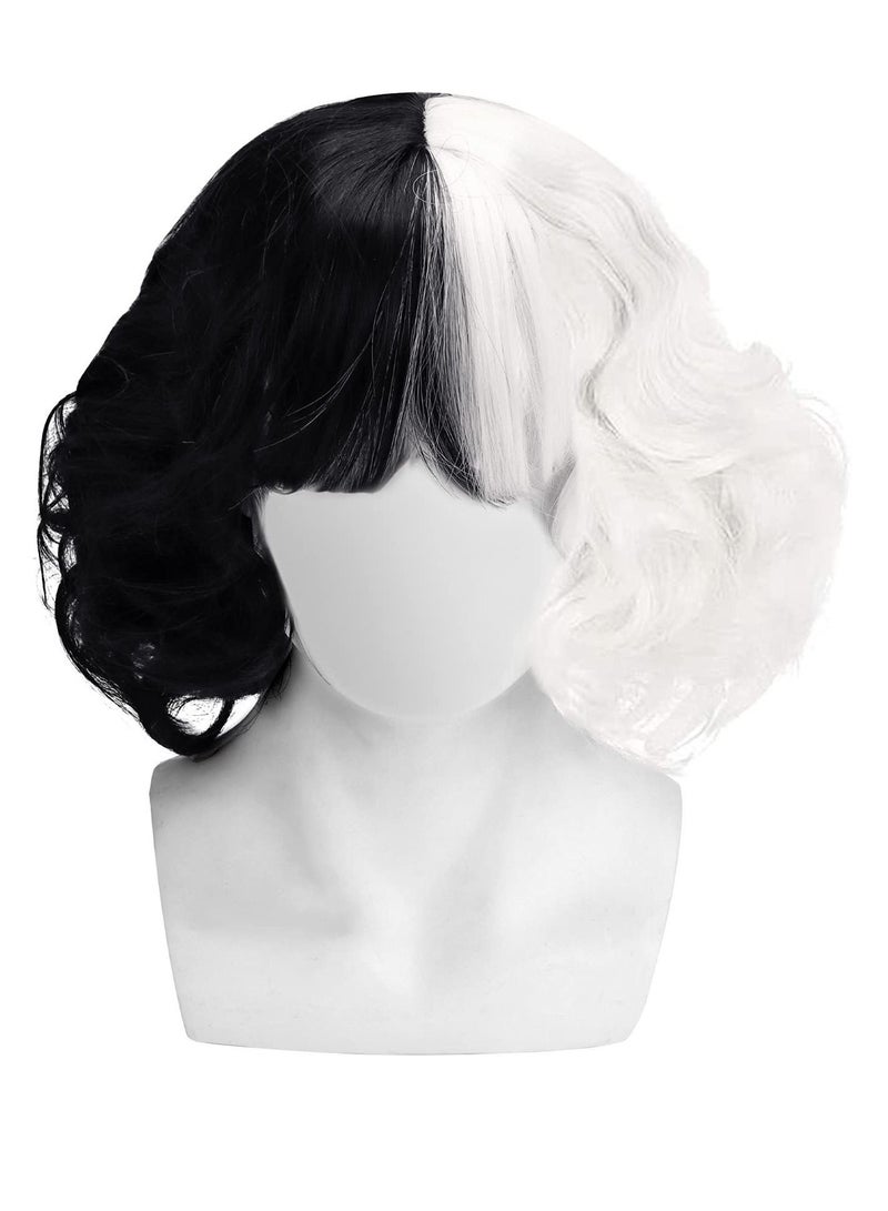 NIBEMINENT Wavy Wig, Black and White Bicolor, Short Curly Hair, Cos Witch Cruella Cruella, Suitable for Carnival Parties Cosplay Party Costume Accessories - Image 1