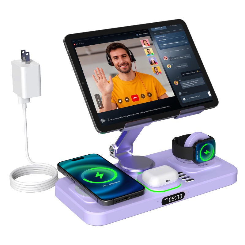 Opinta 6 in 1 Wireless Charger for Apple Multiple Devices, Charging Station with Clock &7 Color Ambient Light, Foldable Rotate Stand for iPad, for iPhone17/16/15, Support for Apple Watch11/10 for AirPods4 - Image 1