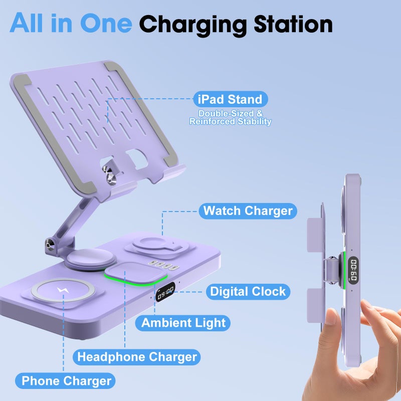 Opinta 6 in 1 Wireless Charger for Apple Multiple Devices, Charging Station with Clock &7 Color Ambient Light, Foldable Rotate Stand for iPad, for iPhone17/16/15, Support for Apple Watch11/10 for AirPods4 - Image 2